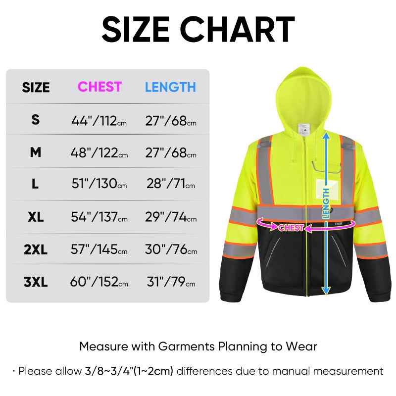 TICONN High Visibility Safety Sweatshirt Hoodie  Reflective Hi-Vis ANSI Class 3 Fleece Zippered Hooded Jacket with Black Bottom for men and women (Yellow&Black  3XL) - Image 4